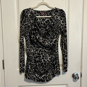 Bunched neckline long sleeve cheetah print shirt
